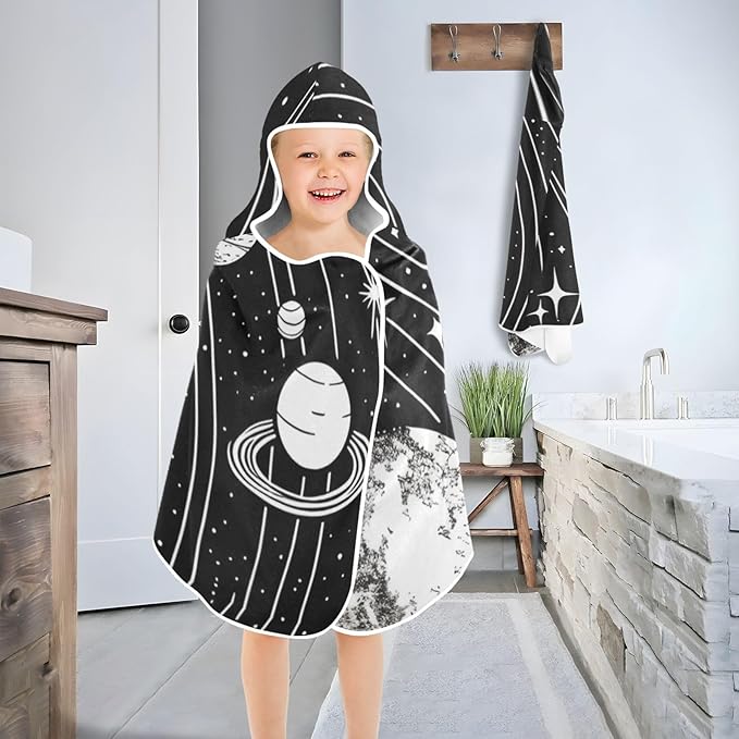 Hooded Towel for Kids Black and White Drawing of The Solar System Beach Wrap Bath Towels 50x23.5in