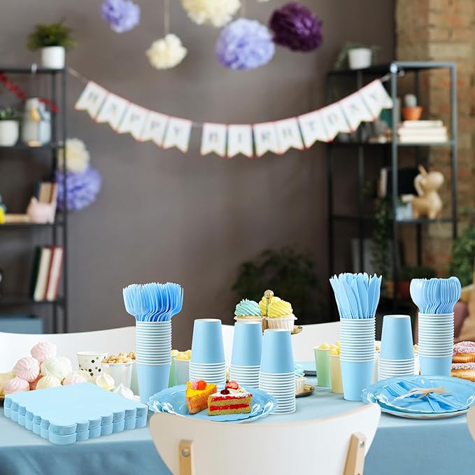 Ziliny 350 Pcs Baby Blue Plates and Napkins, 50 Guest Spring Party Supplies Include Scalloped Paper Plates Napkins Cups Plastic Spoons Forks Knives Disposable Tableware Set for Baby Shower