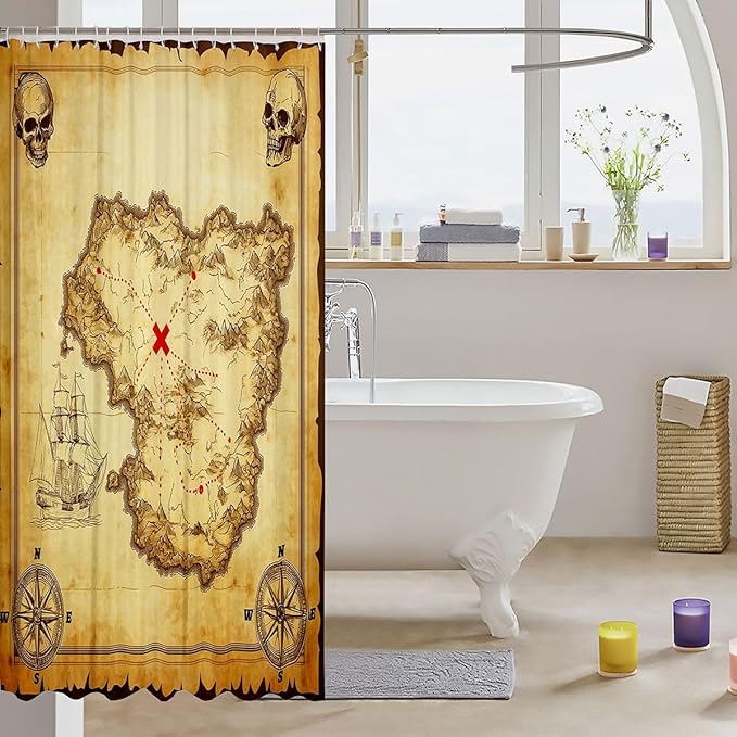 Feelyou Nautical Island Map Shower Curtain Kids Vintage Old Map Pirate Ship Bath Curtain Ocean Ancient Pirate Skull for Stalls Bathtubs Cloth Fabric Bathroom Decor 72" Wx78 L