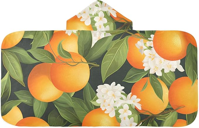 Hooded Towel for Kids Oranges and Blossoms Pattern Beach Wrap Bath Towels 50x23.5in