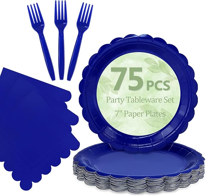 Mulbozy 75 Royal Blue Plates and Napkins Disposable Set Includes 25 Dessert Cake Scalloped Plates, Cocktail Napkins & Forks, for Fork 25 Guests Holiday Party Supplies.