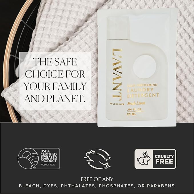 L'AVANT Collective Luxury Travel Laundry Detergent | Fresh Linen | Non-Toxic Concentrated Liquid Laundry Soap Packets | Plant-Based, HE Compatible, Travel Size, Gym, Camping & Rentals | Set of 5