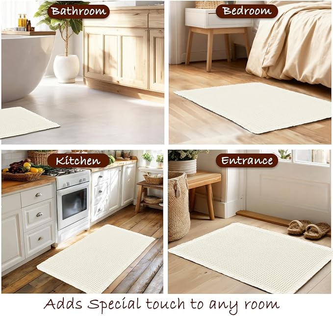 DWCN Waffle Bathroom Mat Set, Super Absorbent Non Slip Bath Rug Set for Bathroom Floor, Shower Mats 2 Pcs for Tub, Washable Kitchen Rugs for Farmhouse Boho Home Decor, 24"x16"Plus 32"x20", Ivory