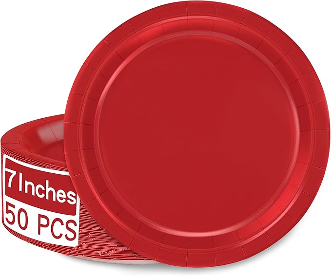 QZYL 50 Pieces Heavy Duty Paper Plates, 7 Inches Red Dessert Plates Disposable, Quality Party Tableware Set, Sturdy Disposable Plates for Wedding Bridal Baby Shower Party Birthday Party Decorations