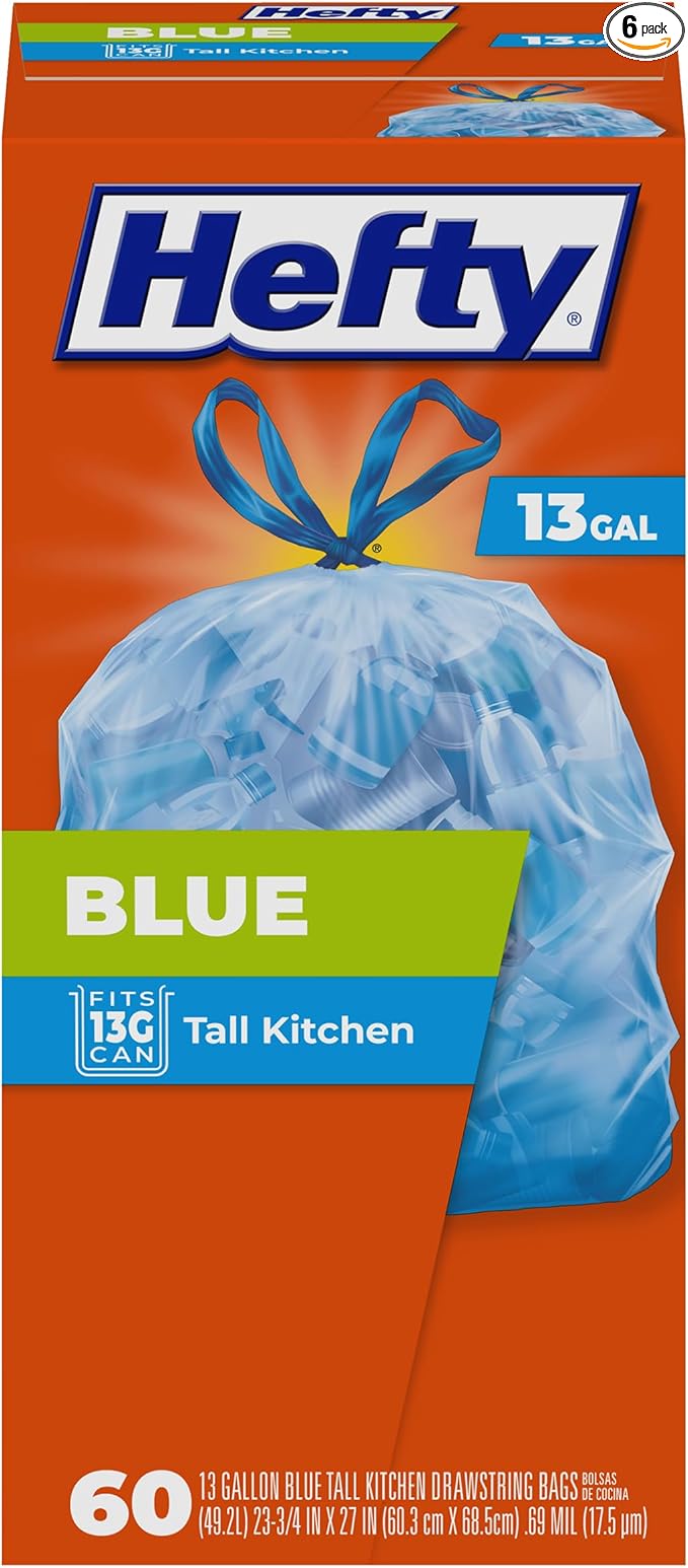 Hefty Blue Trash Bags,Blue,13 Gallon,60 Count (Pack of 6)