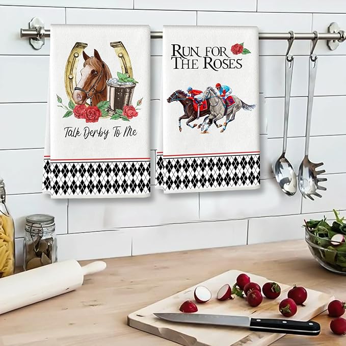 POILKMNI 2 PCS Kitchen Towels, 17.7 x 27.6'' Plaid Horse Racing Rose Tea Dish Towel Dishcloths Kitchen Hand Towels for Rustic Farmhouse Home Dining Room Table Decor