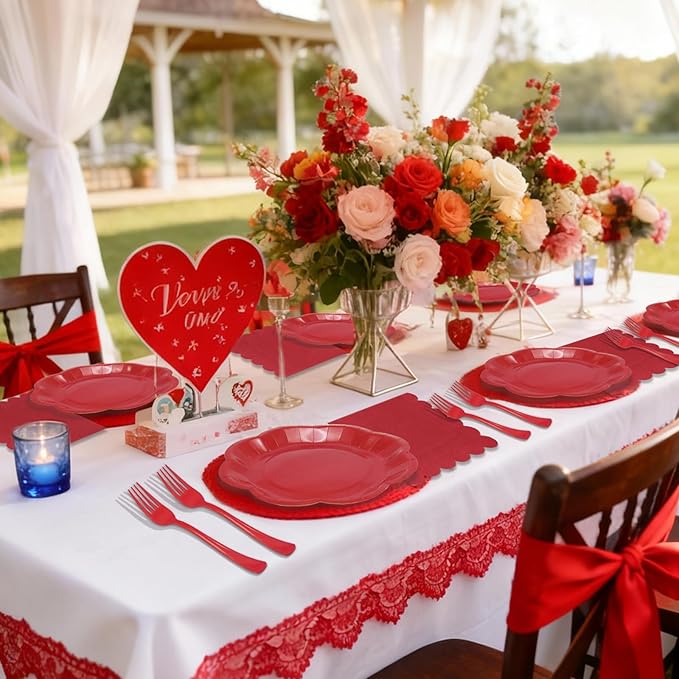 Red Paper Plates and Napkins Sets Party Supplies includes 7 inch Red Plates Disposable Scalloped Paper Napkins Plastic Forks for Birthday Cake Desserts Wedding Shower Valentines Party