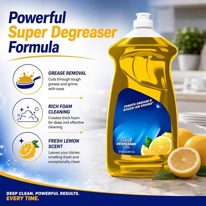 Liquid Dish Soap, Lemon Scent Dishwashing Liquid, Grease Cleaning Formula with Easy Flip Cap, Large 52 fl oz Bottle for Kitchen Use