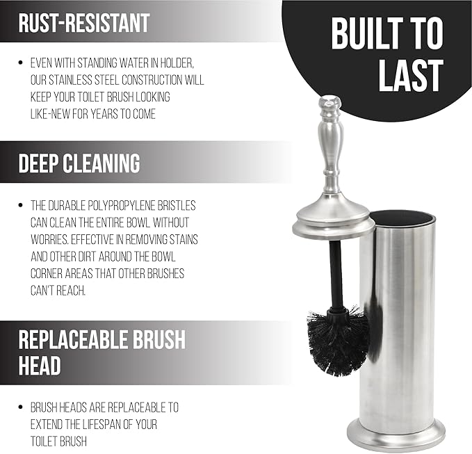 Splash Home Buena Stainless Steel Toilet Brush with Holder, Bowl Scrubber with Durable Cleaning Bristles, Hidden Brush with Splash Protective Disc Design - Chrome