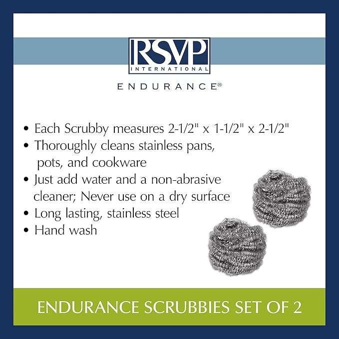 RSVP International Endurance Cleaning Collection Stainless Steel Scrubbies, Heat-Treated, Pressed & Curled, Long Lasting, Non-Rusting, Scrubber, 2 Piece