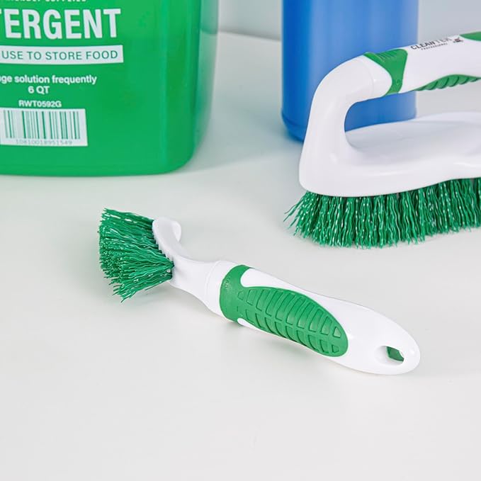 Restaurantware Grout Brush 1 Pack of 9 Tile Scrubbing Brush Stiff Bristle Ergonomic Handle Angled Head Narrow Design Green and White Plastic Cleaning Tool