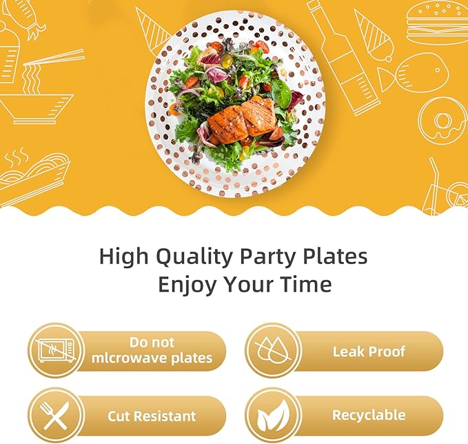 Rose Gold Dots Party Paper Plates, 50 PCS Disposable Party Supplies Dessert Paper Plates for Birthday,Wedding Birdal Christmas Baby Shower (7 inches)