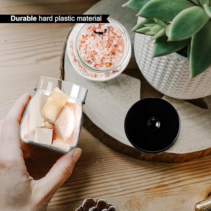 Farmhouse Decor Apothecary Jar Set, Mason Jar Bathroom Vanity Storage Organizer Canister-Qtip Holder Plastic Acrylic Jar for Cotton Swab, Cotton Pad, Floss Pick, Paper Clip, Hair Clips (4 Pack, Black)