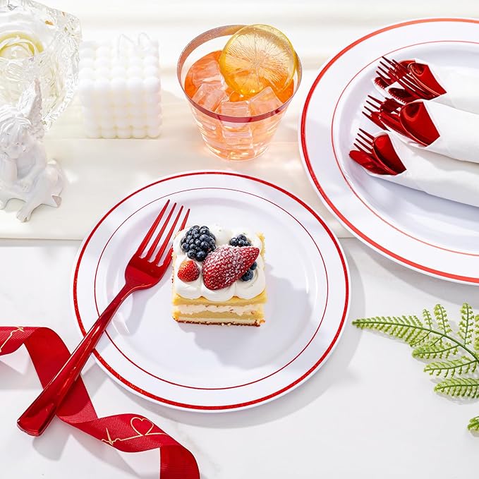 WELLIFE 350-Piece Red Plastic Party Dishware Set - 50 Dinner Plates, 50 Dessert Plates, 50 Cups, 50 Plastic Cutlery