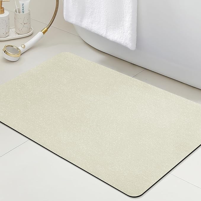 ACCUMTEK Non Slip Bath Mat, Thin Bathroom Rugs Fit Under Door, Quick Dry Bath Mats, Machine Washable Bath Rugs for Bathroom, Bathtub & Kitchen, Light Beige/Upgraded Solid/32 x20