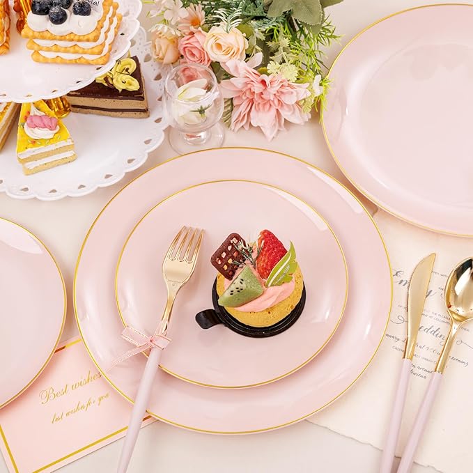 DaYammi 150Pcs Pink Plastic Plates with Gold Rim,Elegant Disposable Dinnerware with Gold Cutlery - 30 Dinner Plate,30 Dessert Plate,30 Knives,30 Forks,30 Spoons,Fancy Pink Plates for Party Wedding