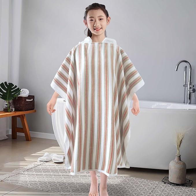 VOOVA & MOVAS Hooded Poncho Towel for Teens Unisex 100% Cotton Cozy Breathable Beach Camping Bath Cover Up Beige Red Stripe