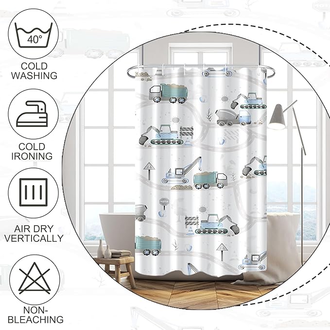 Excavator Kids Shower Curtain Sets Cartoon Construction Truck Tractor Car Bathroom Decor Fabric Polyester Waterproof 36x72 Inches with 6 Hooks for Boys Machinery Vehicle Bath Curtains