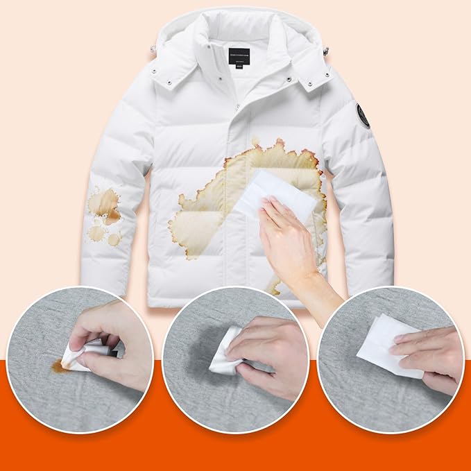 Stain Remover Wet Wipes Bulk, Individual Wrapped Clothes Portable Travel Messy Eater Cleaning Laundry Stain Removal Wipes Pocket Size for Clothing Fabric/Shoes/Wine/Fast Food 7.1 x 4.7 Inch(Orange 50)