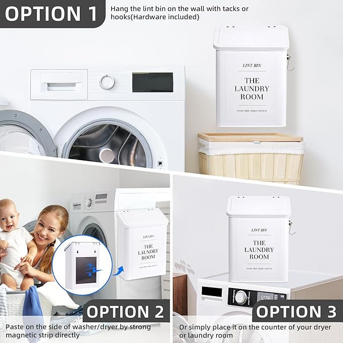 Magnetic Lint Bin for Laundry Room with Lint Brush and Magnetic Hook, Wall Mounted Lint Box with Lid, Farmhouse Laundry Room Decor