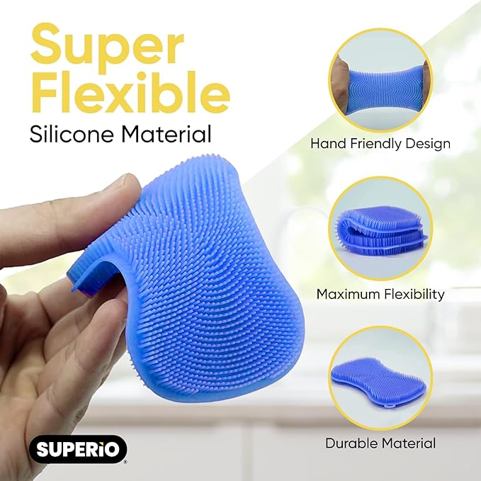 Silicone Heat Resistant Dishwasher Sponge, Fruit Cleaner, Vegetable Washer, Non Scratch Durable Bristles, Blue 3-Pack