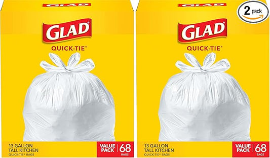 Glad Tall Kitchen Trash Bags 13 Gallon, Unscented Garbage Bags, Quick-Tie, 68 Count (Pack of 2)
