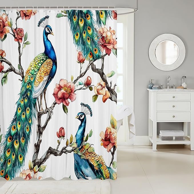 Peacock Shower Curtain Kids Animal Theme Bathroom Shower Curtain Set for Boys Teens Peacock Feathers Design Bath Curtain Waterproof Botanical Floral Blue Pink Green Kids Bathroom Accessories 72"x72"