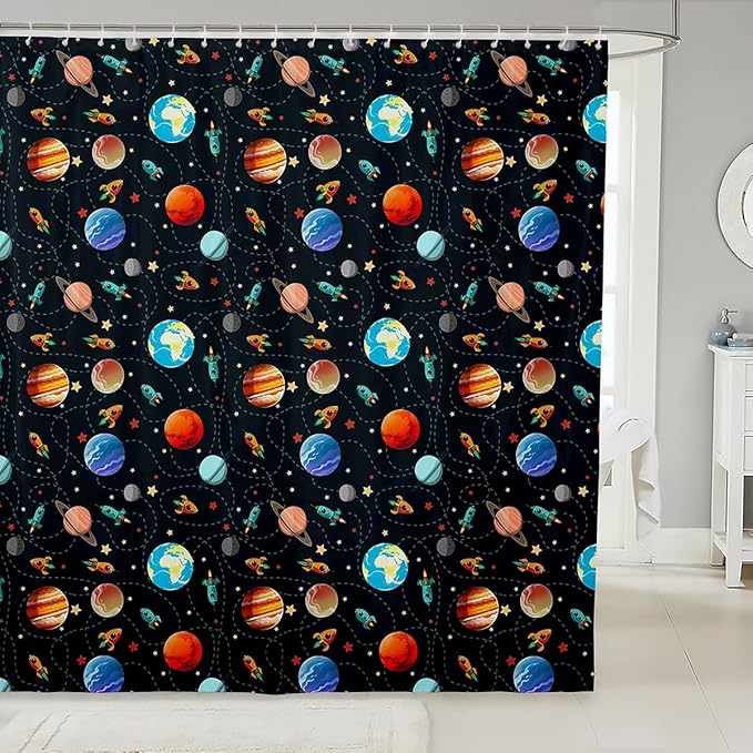 Feelyou Kids Galaxy Shower Curtain Outer Space Solar System Bath Curtain for Teens Decor Space Rocket Bathroom Shower Curtain Set Universe Planets Colorful Kids Bathroom Accessories 72"x72"