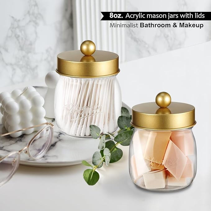 SheeChung 3 Pack Qtip Holder Bathroom Jar Set, Apothecary Mason Jar for Bathroom Vanity Home Storage Organizer, Plastic Acrylic Qtip Dispenser for Cotton Swab, Floss Pick, Farmhouse/Home Decor (Gold)