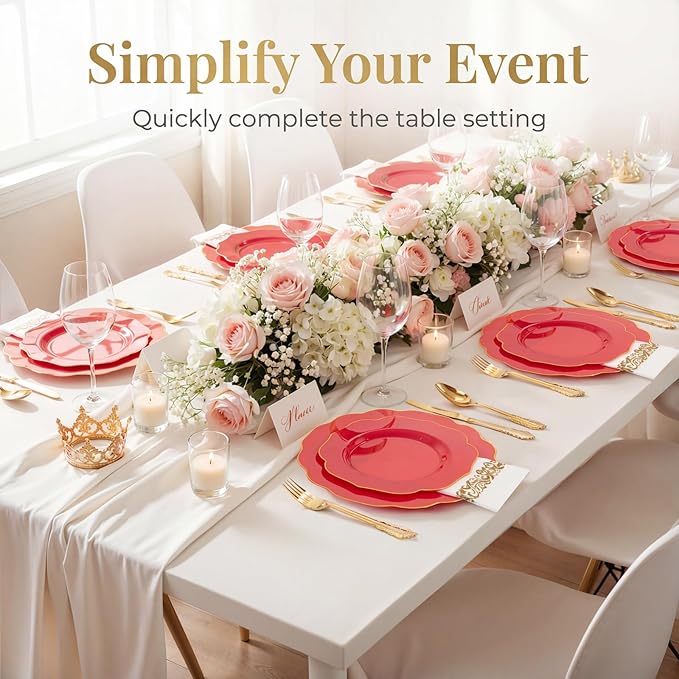 NOCCUR 175PCS Red Plastic Plates with Gold Disposable Silverware - Include 50 Red Gold Plastic Plates,25 Knives,25 Forks,25 Spoons,25 Cups and 25 Napkins - Ideal for Party/Independence Day/Wedding