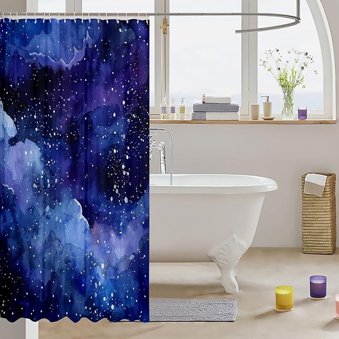 Outer Space Bath Curtain Galaxy Cosmic Universe Theme Bathroom Shower Curtain Set Starry Night Sky Shower Curtain For Kids Adult Glowing Stars Waterproof Shower Curtain with Hooks Blue Navy 72x72 Inch