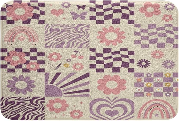 Cute Daisy Flowers Kids Bath Mats,Geometric Plaid Checkered Patchwork Checkerboard Mats Rugs for Girls,Rainbow Stripe Grid Bath Carpets,Purple Bath Rugs,Absorbent Floor Mats,16Wx24L Inches