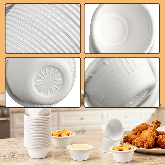 LeonBach 200 Pack 2oz Natural Sugarcane Paper Bowls, Compostable Paper Condiment Snack Sample Tasting Serving Cups Biodegradable Food Containers Small Dipping Cup, White