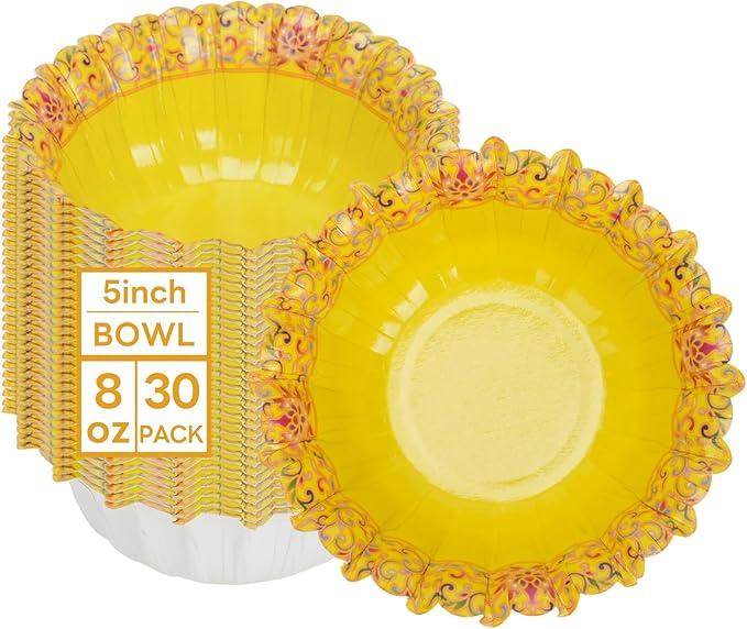 30 Pcs Small Paper Bowls, 8oz Floral Disposable Soup Bowl, Heavy Duty Printed Disposable Bowls For Snack,Dessert,Ice Cream,Salad, Party & Everyday Use(Yellow Flower)