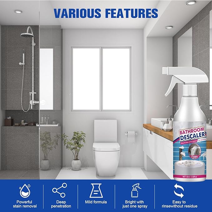 Bathroom Descaler Spray, 2 PCS Stubborn Stains Cleaner with Dishcloth, Bathroom Foam Cleaner Spray, Bubble Cleaner Foam Spray, All Purpose Rinse Cleaning (Cleaner*1 + Dishcloth*2)