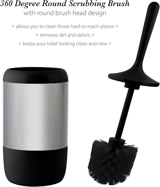 Bath Bliss Smooth Matte Stainless Waste Bin and Toilet Brush | Dimensions: 7.9" x 7.9" x 9.8"- Wastebasket | Dimensions: 4.7"x 4.7"x 16.5"- Toilet Brush| Bathroom Accessories | Black