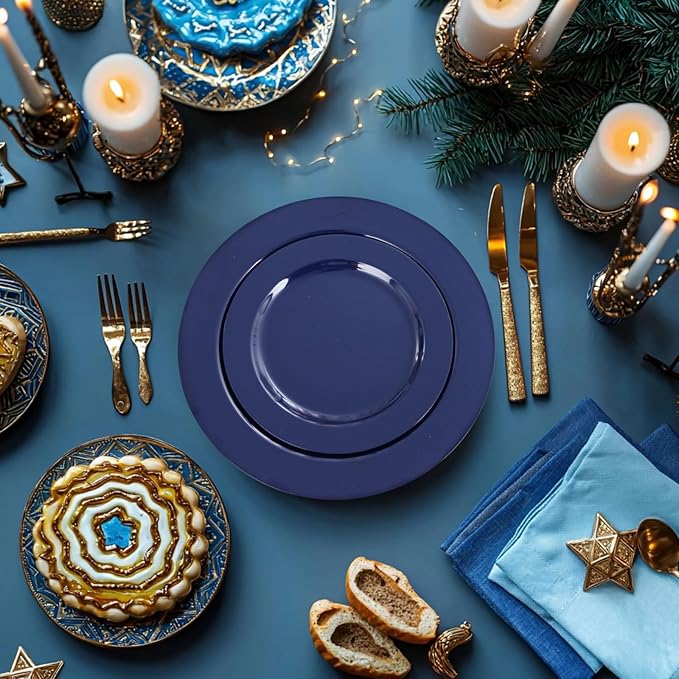 FLOWERCAT 100PCS Blue Plastic Plates - Heavy Duty Blue Disposable Plates for Memorial/Birthday Party/Graducation - Include 50PCS 10.25inch Dinner and 50PCS 7.5inch Dessert/Salad Plates for 50 Guests