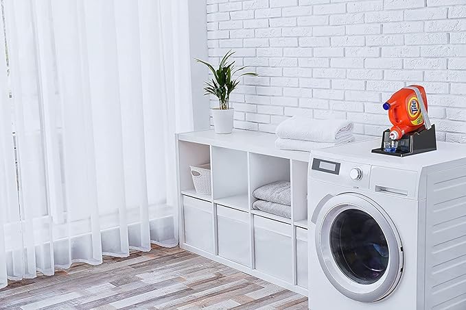 Skywin TidyFriend Liquid Laundry Detergent Holder Stand with Drip Tray & Rubber Feet, Stand for Laundry Room Organization and Storage, Fabric Softener Dispenser Holder for Easy Pouring (Black)
