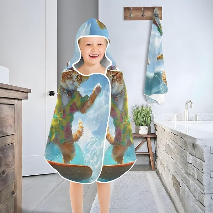 Hooded Towel for Kids Summer Cat Surfing Beach Wrap Bath Towels 50x23.5in