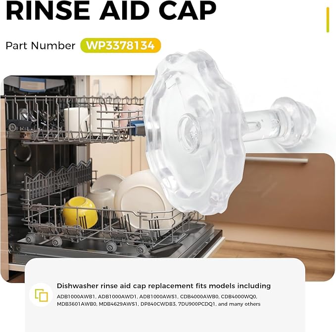WP3378134 Rinse Aid Dispenser Cap Replacement, Compatible with Whirlpool Dishwasher – Fit for Maytag, KitchenAid, Jenn-Air, Amana, Magic Chef, Admiral, Roper – Replaces AP6008208 3378134 3369155