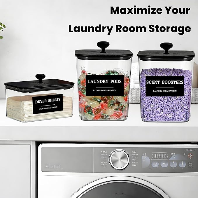 Laundry Detergent Pods Container & Dryer Sheet Holder with Lid, Clear Laundry Detergent Powder Dispenser with Labels, Plastic Laundry Containers for Organizing Laundry Room Organization and Storage