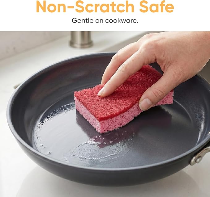 Non-Scratch Cellulose Sponge Kitchen Scrub Sponge with Scouring Pad Set, Good for Non-Stick Cookware Frying Pan, Pot, Counter Top, Sink Scrubbing, Kitchen Scrubbers, Pack of 1, Red/Pink
