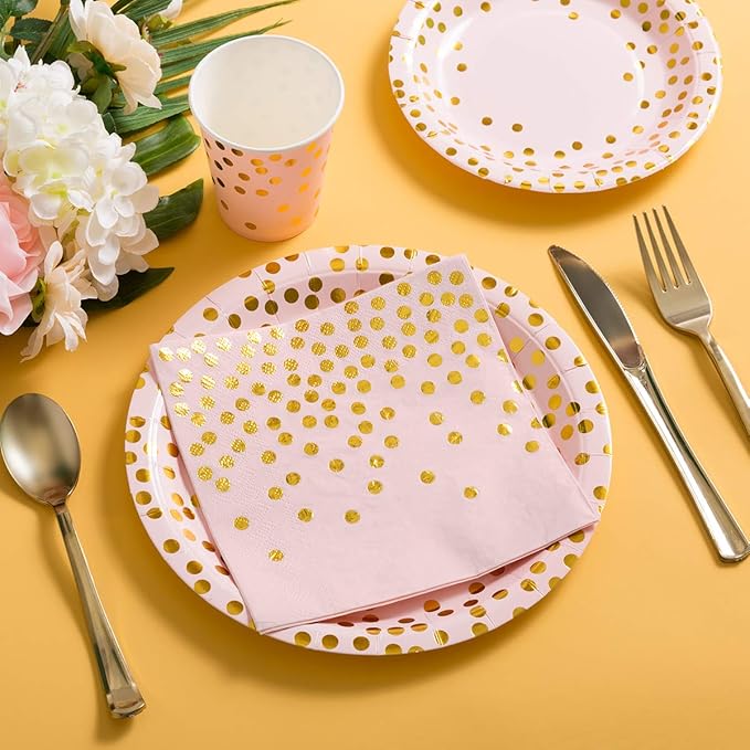 HOMIX Pink and Gold Party Supplies, Disposable 175Pcs Gold Dots on Pink Paper Plates Cups and Napkins, Gold Plastic Knives Spoons Forks for Baby Shower Wedding Party Bridal Shower Serves 25