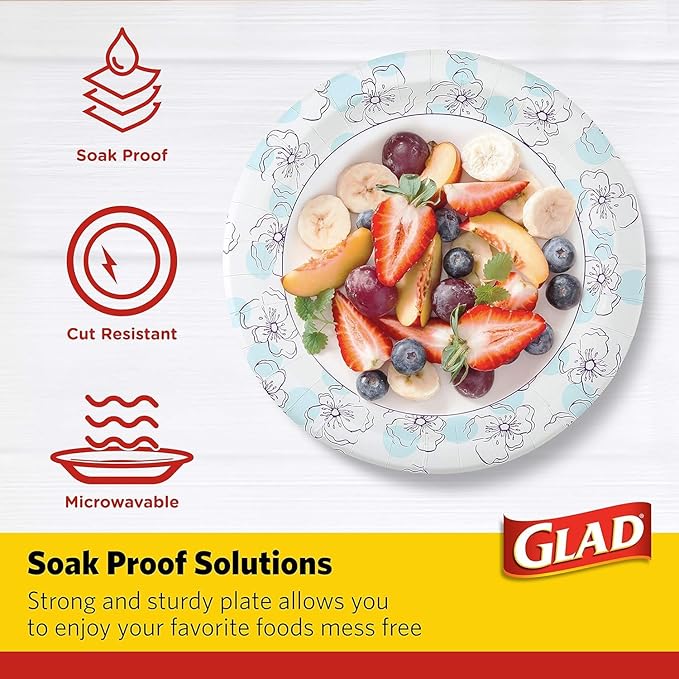 Glad Round Disposable Paper Plates, Blue Flower Design, Heavy Duty Soak Proof Cut Resistant Microwave Safe Plates for Meals, Parties, Picnics, and Events, 10 Inch, 50 Count - 2 Pack