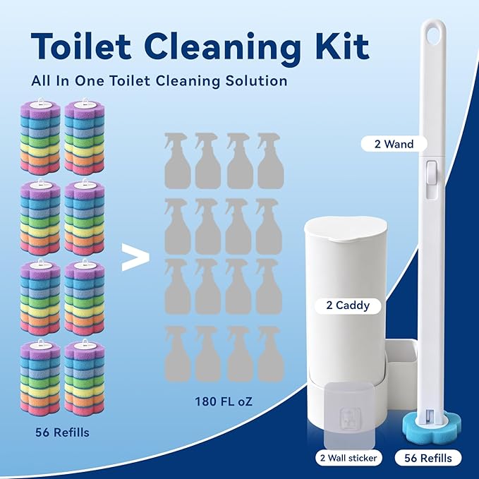 2-Pack Disposable Toilet Bowl Cleaner Wand Kit, Wall-Mounted Space-Saving Brush Set with 56 Preloaded Fluid Refills for Multi-Bathroom & RV Deep Cleaning