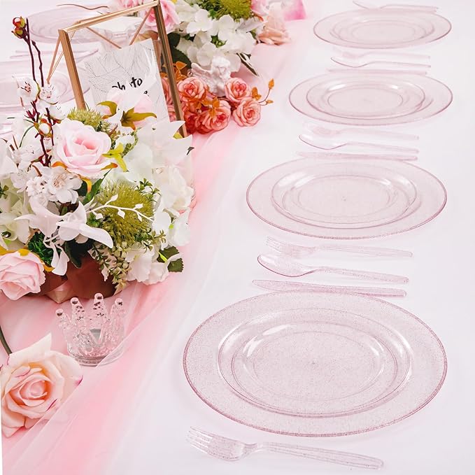 WDF 200PCS Pink Plastic Plates - Rose Gold Glitter Plastic Plates - Heavy Duty Pink Glitter Disposable Plates for Wedding/Baby Shower/Birthday