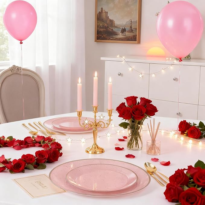 Liacere 32PCS Pink Plastic Plates - Pink Plastic Ceramic Disposable Tableware Plates Modern Dinnerware Set - Wedding & Party & Mothers Day