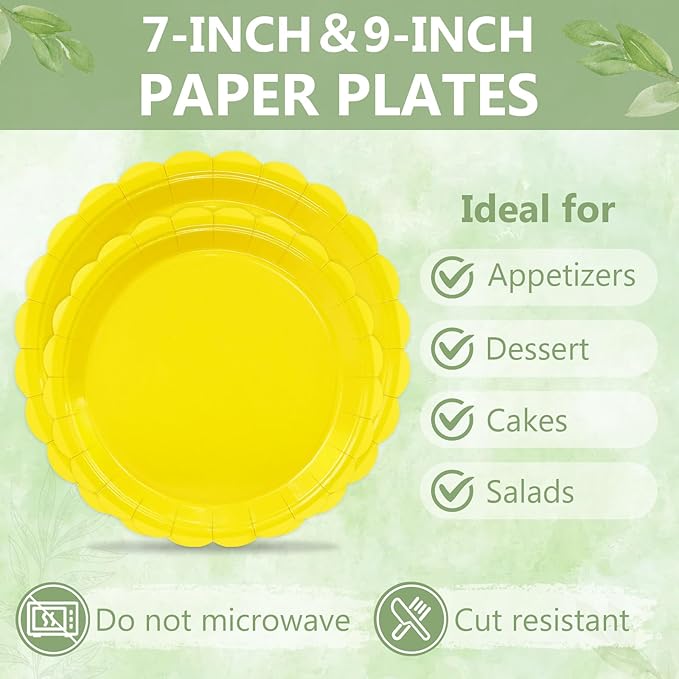 Mulbozy 100 Yellow Plates and Napkins Disposable Set Includes 25-9" & 25-7" Dessert Cake Scalloped Plates, Cocktail Napkins, Forks for for Holiday Party Supplies