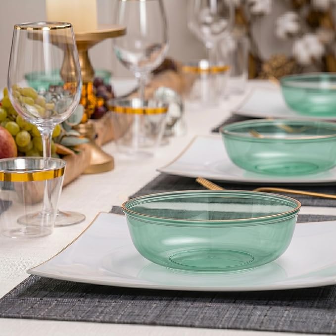 PLASTICPRO Plastic Party Plates Edge Collection Premium heavyweight Elegant Disposable Tableware Dishes (TRANSLUCENT GREEN WITH GOLD RIM, 16 OZ BOWLS)