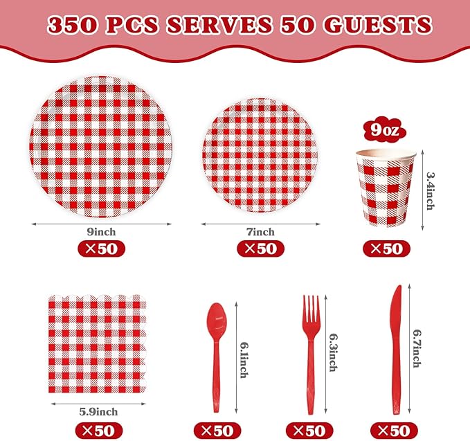 Vyntra 350 Pcs Red & White Checkered Gingham Paper Plates and Napkins Set for 50, 9" Dinner Plates & 7" Dessert Plate, BBQ Picnic 4th of July Birthday Party, Valentine’s Day